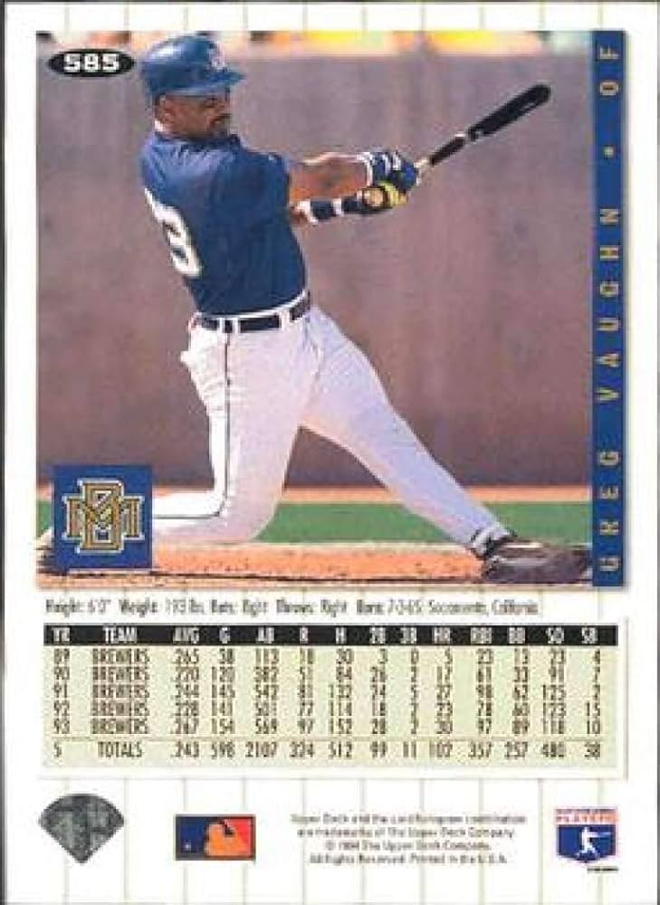 メジャーリーグ　カード　Greg Vaughn 1991 Fleer Greg Vaughn Brewers #599 Missing “.” In USA On